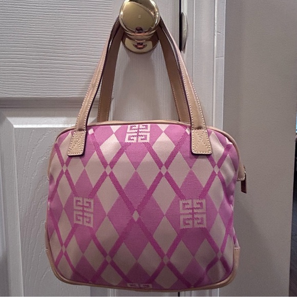 Givenchy EUC Authentic Pink Beige Diamond Pattern Canvas Leather Trim Handbag - Picture 16 of 16